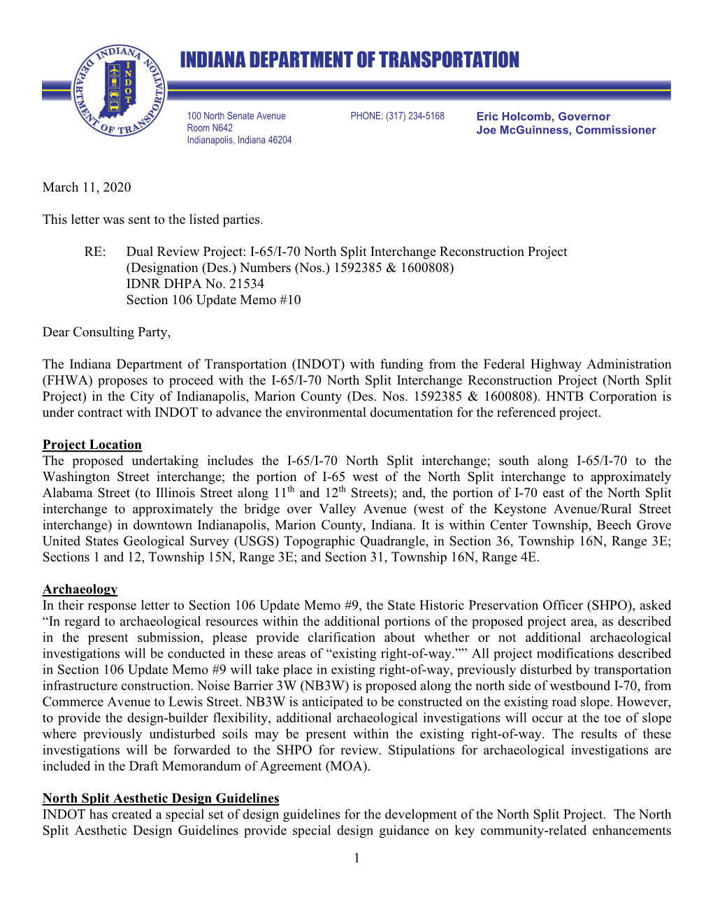 Dual Review Project: I-65/I-70 North Split Interchange Reconstruction Project (Designation (Des.) Numbers (Nos.) 1592385 & 1600808) IDNR DHPA No