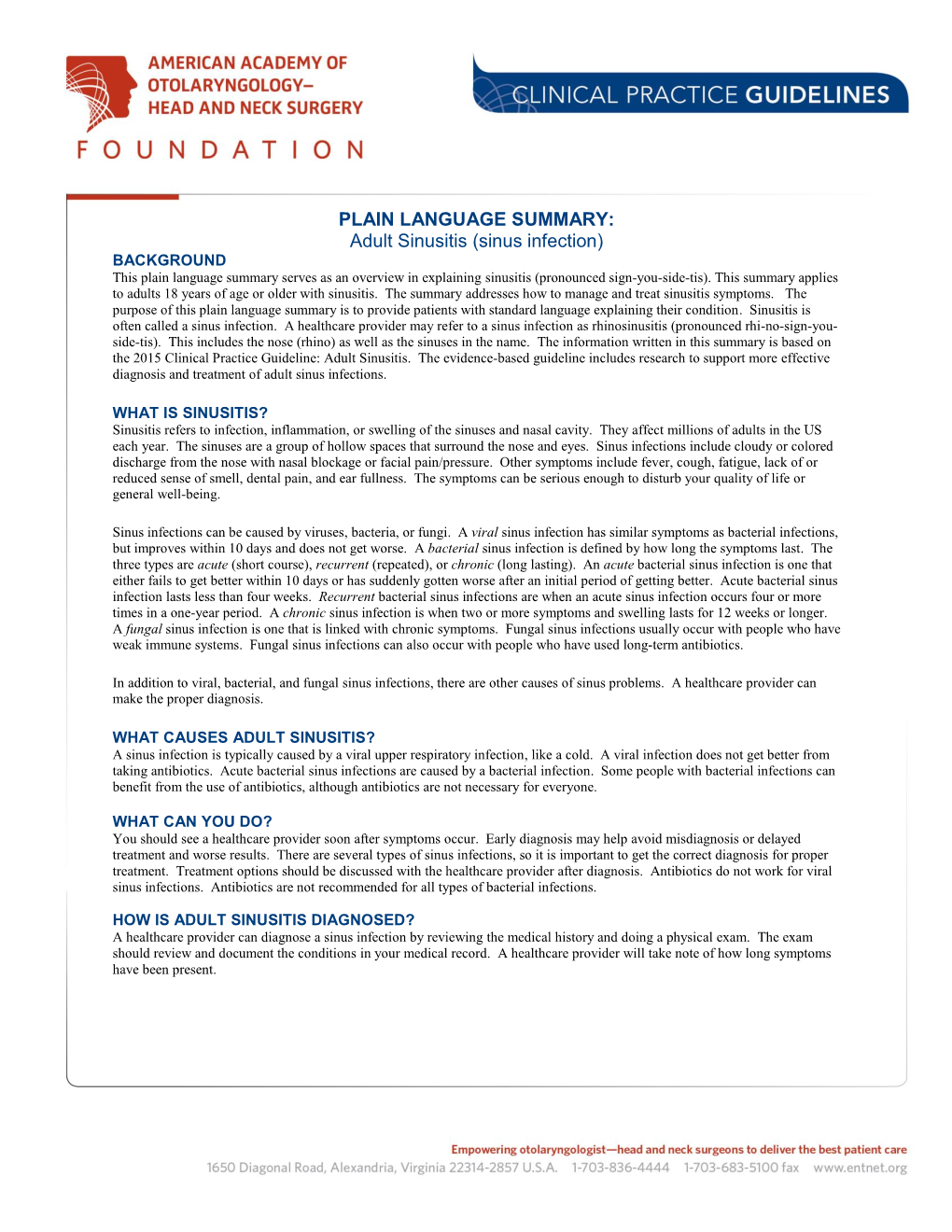 PLAIN LANGUAGE SUMMARY: Adult Sinusitis (Sinus Infection)