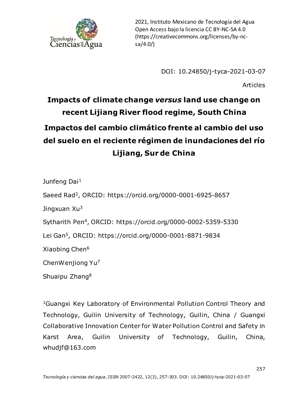 Impacts of Climate Change Versus Land Use Change on Recent Lijiang River Flood Regime, South China