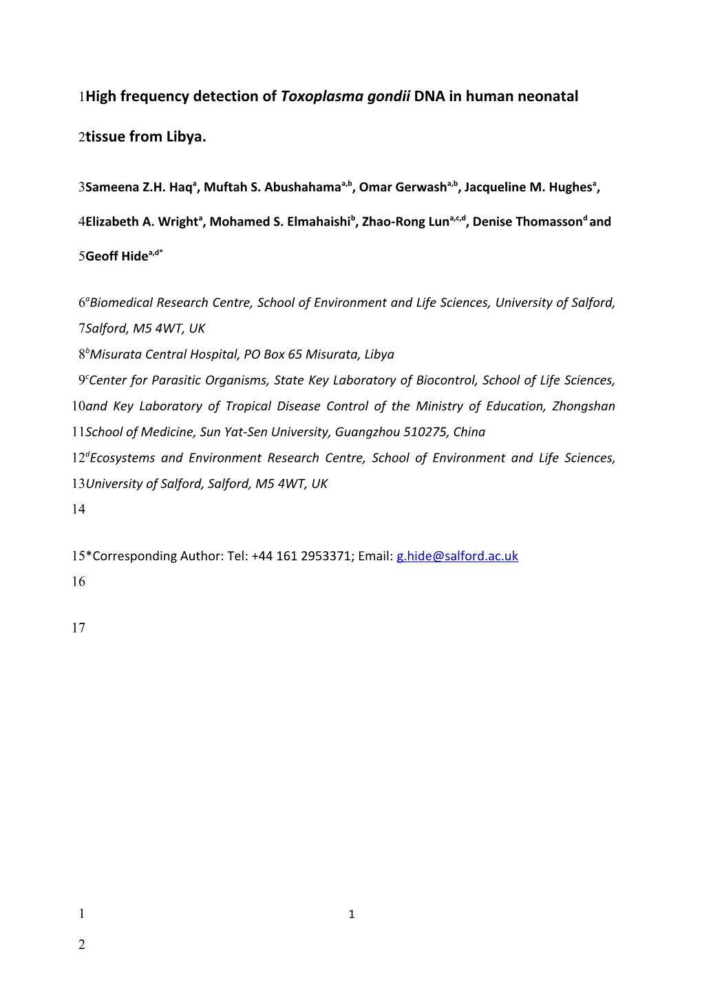 High Frequency Detection of Toxoplasma Gondii DNA in Human Neonatal Tissue from Libya