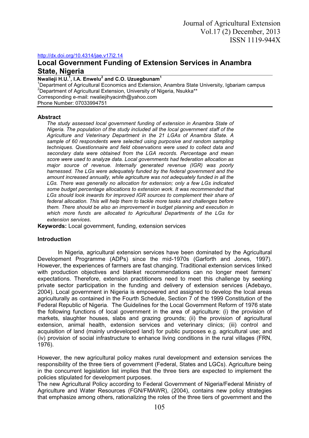 Journal of Agricultural Extension Vol.17 (2) December, 2013 ISSN