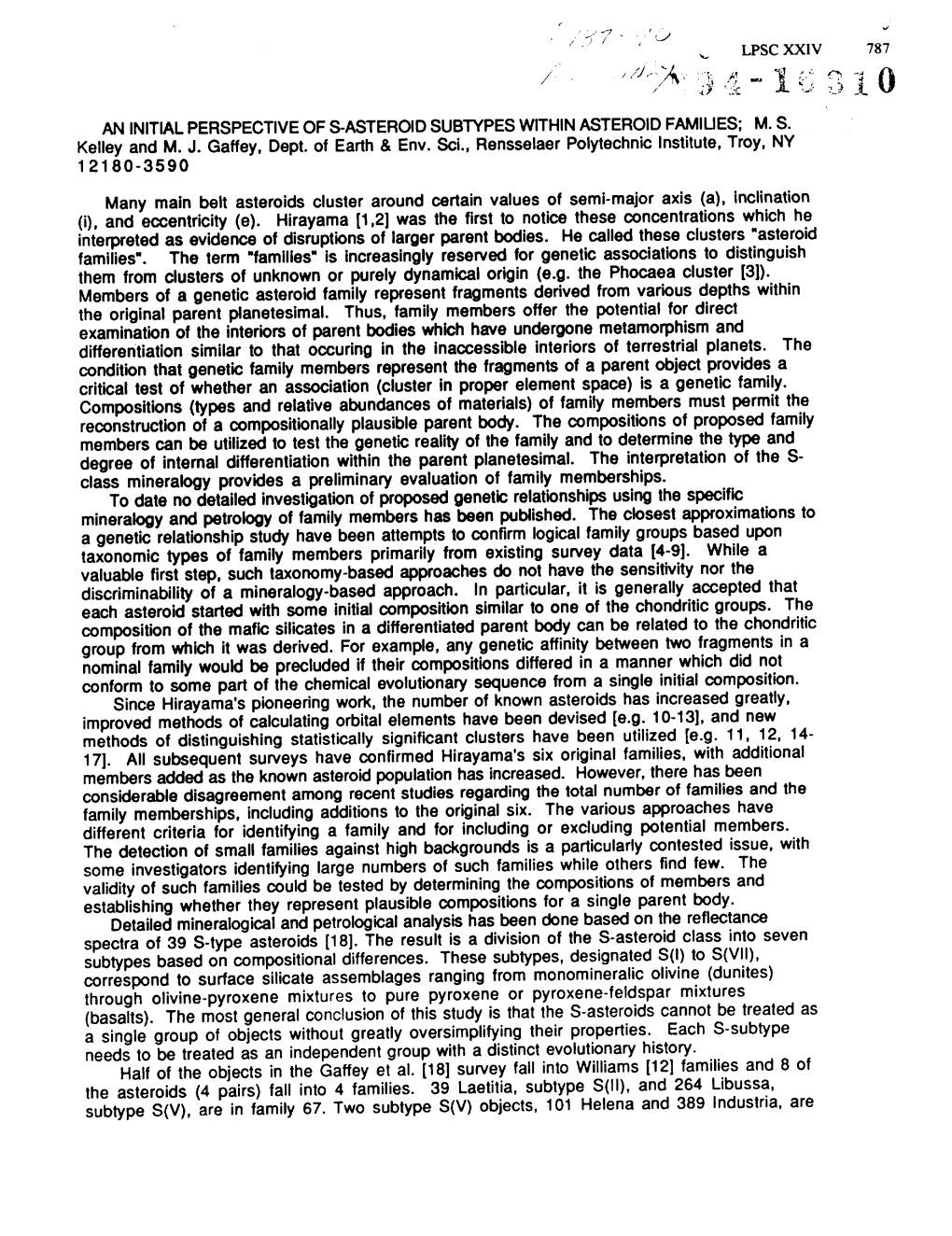 ' Lpsc Xxiv 787 an Initial Perspective of S-Asteroid