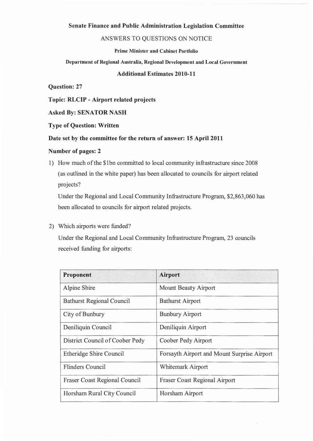 Additional Estimates 2010-11 (February 2011)