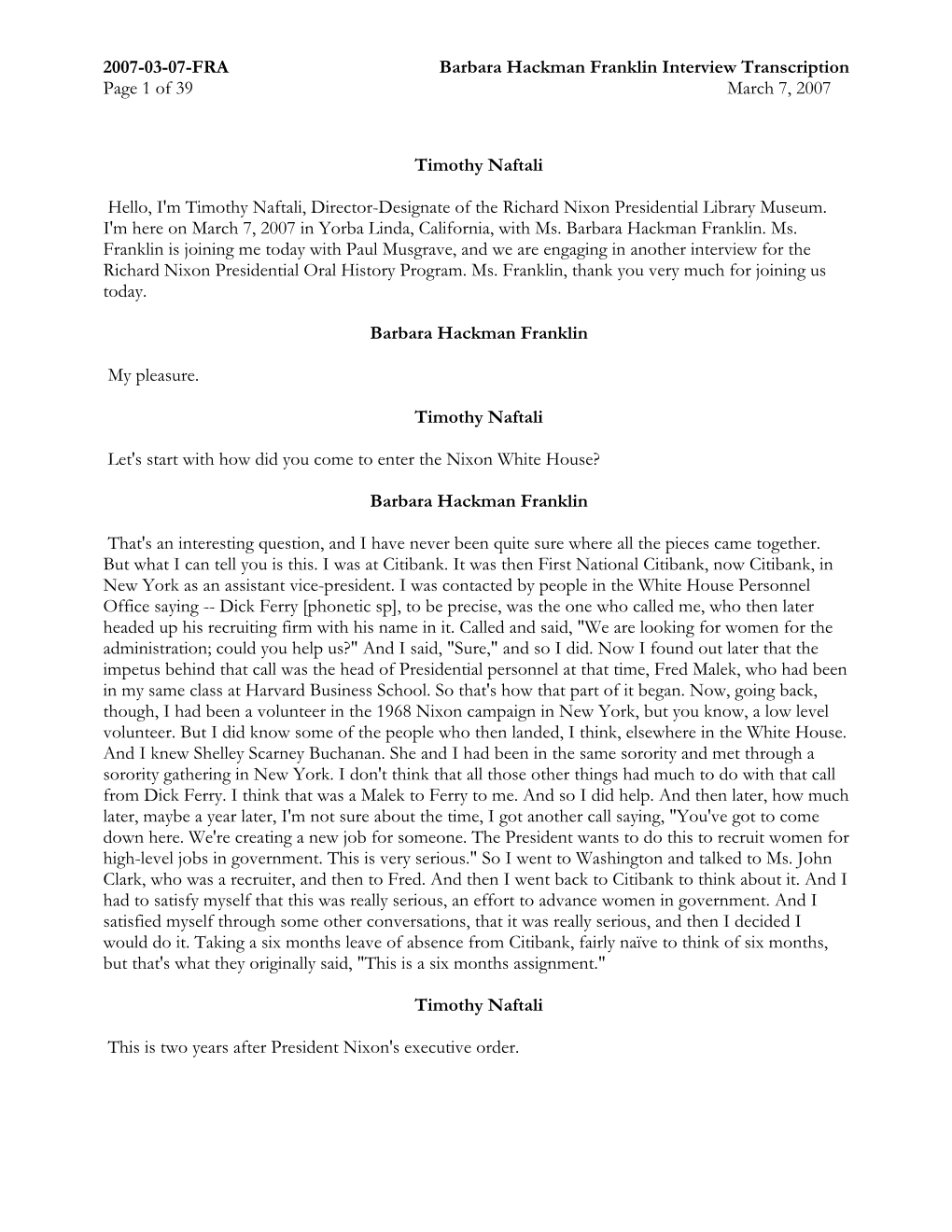 2007-03-07-FRA Barbara Hackman Franklin Interview Transcription Page 1 of 39 March 7, 2007