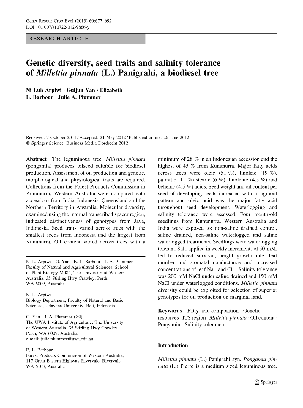 Genetic Diversity, Seed Traits and Salinity Tolerance of Millettia Pinnata (L.) Panigrahi, a Biodiesel Tree