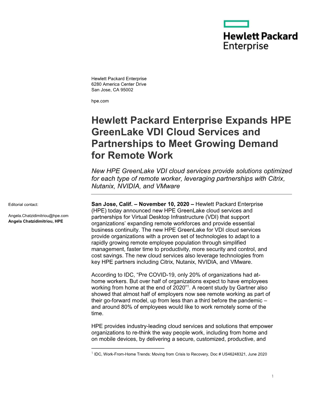 Hewlett Packard Enterprise Expands HPE Greenlake VDI Cloud Services and Partnerships to Meet Growing Demand for Remote Work