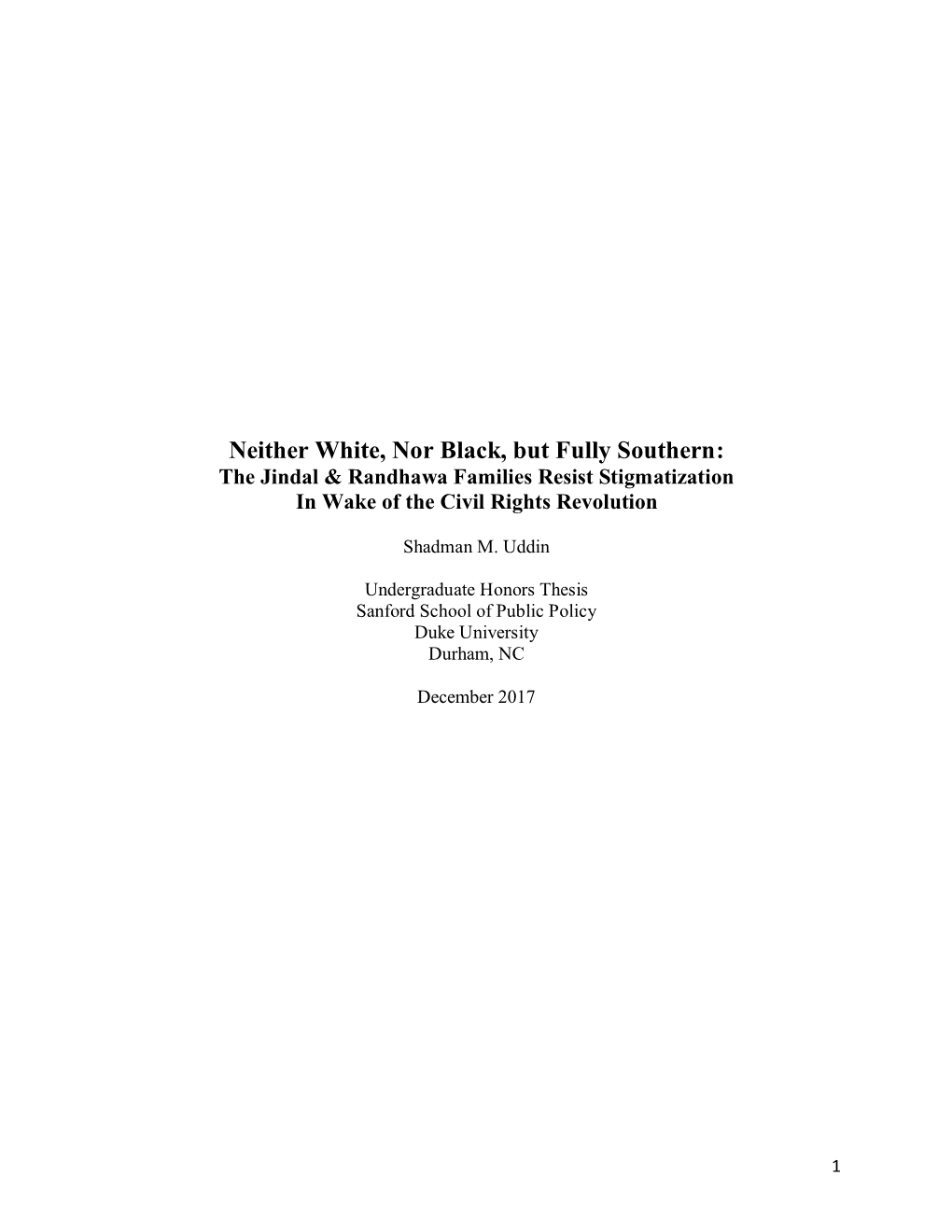 Neither White, Nor Black, but Fully Southern: the Jindal & Randhawa Families Resist Stigmatization in Wake of the Civil Rights Revolution