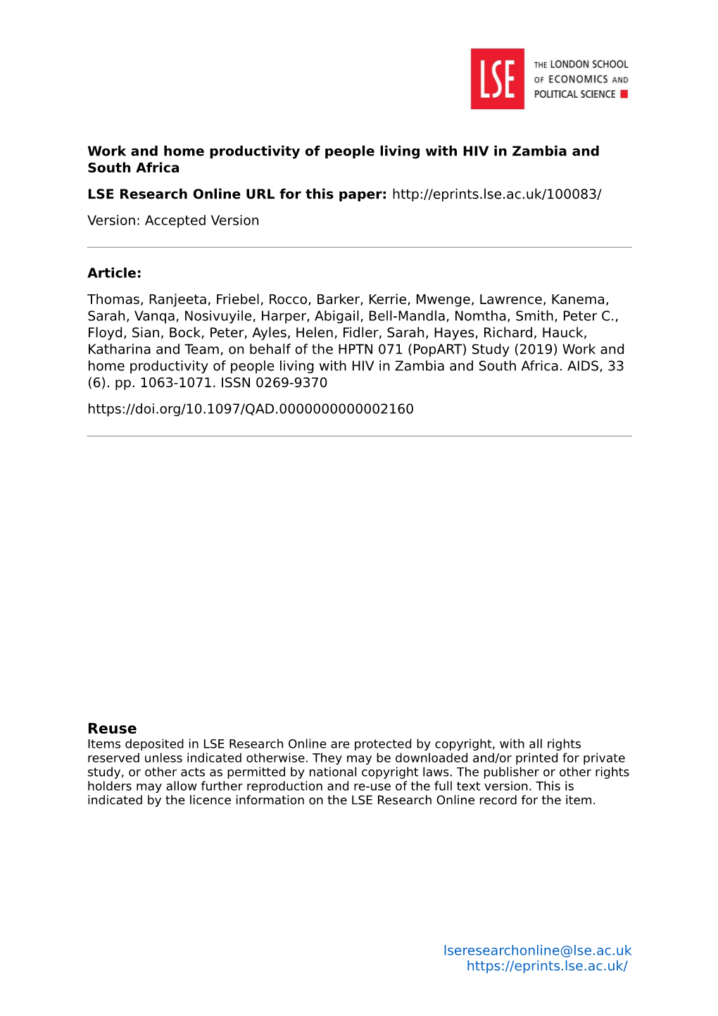 Work and Home Productivity of People Living with HIV in Zambia and South Africa