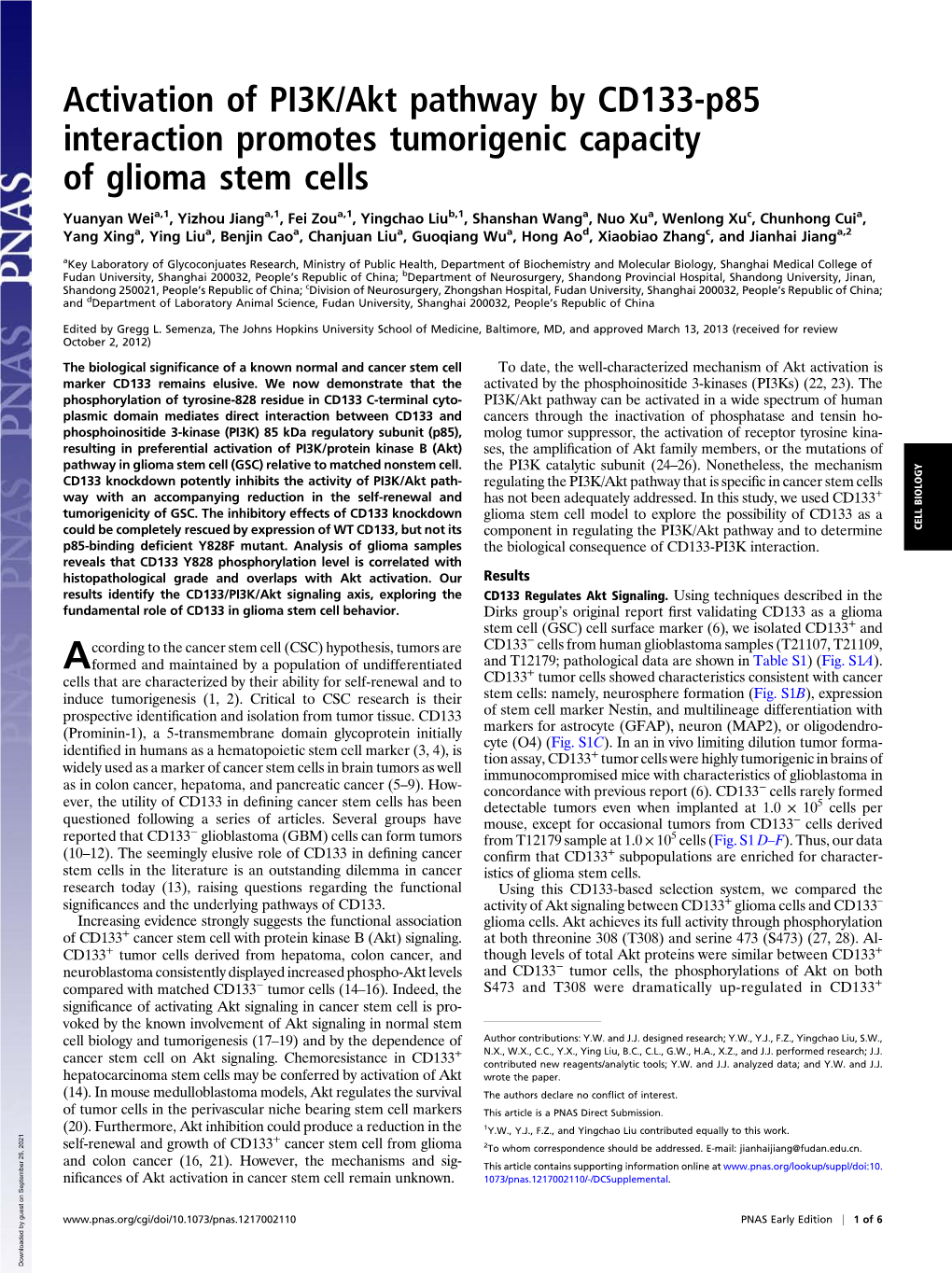 Activation of PI3K/Akt Pathway by CD133-P85 Interaction Promotes Tumorigenic Capacity of Glioma Stem Cells