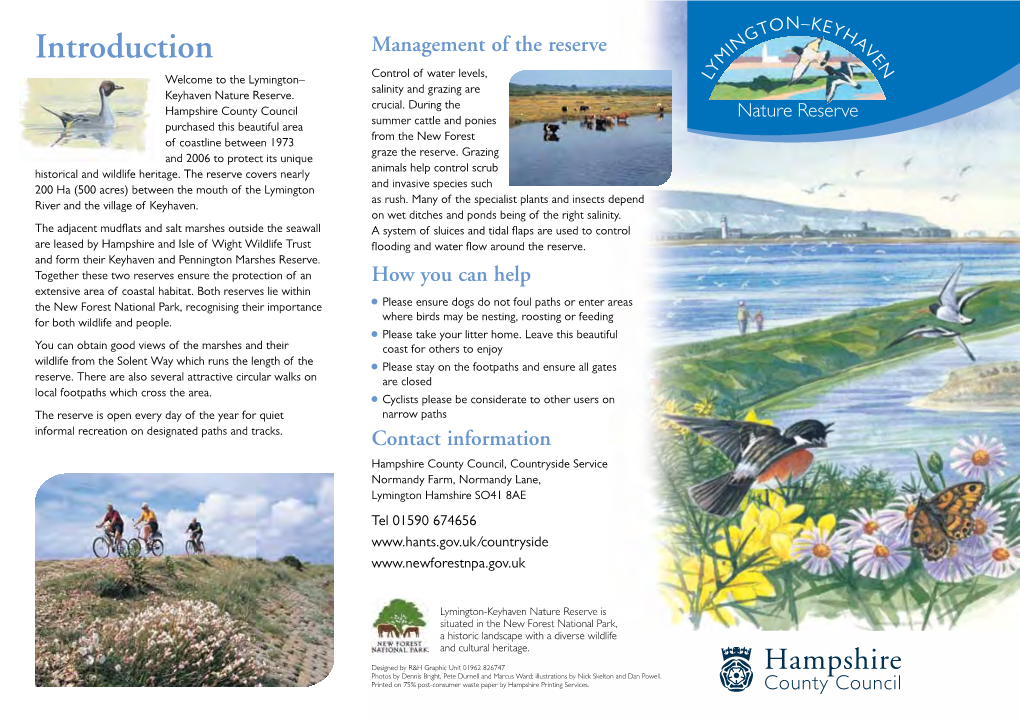 Introduction E M N Control of Water Levels, Y Welcome to the Lymington– L Salinity and Grazing Are Keyhaven Nature Reserve