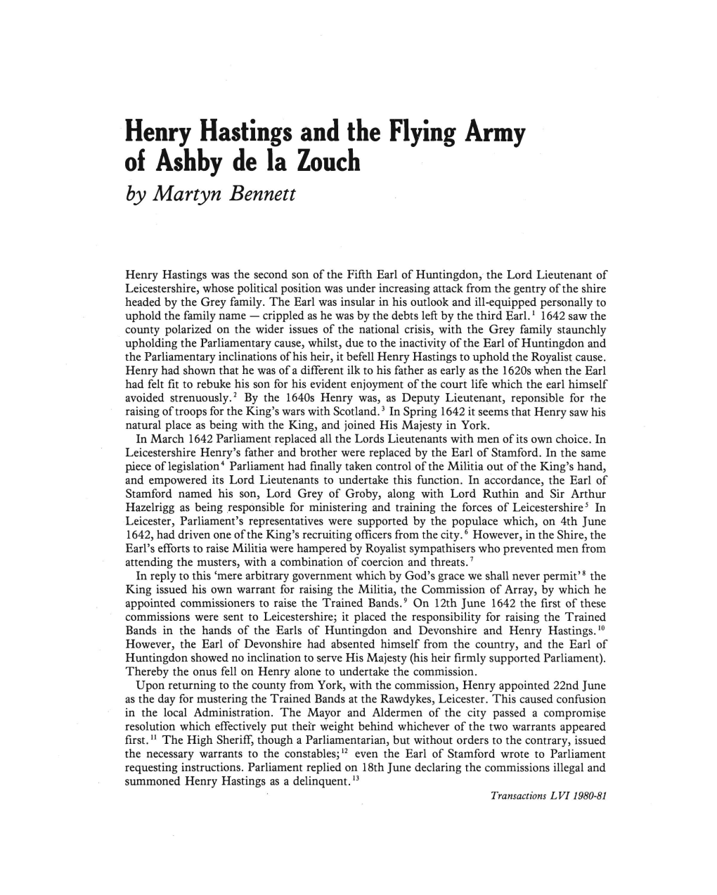 Henry Hastings and the Flying Army of Ashby De La Zouch by Martyn Bennett