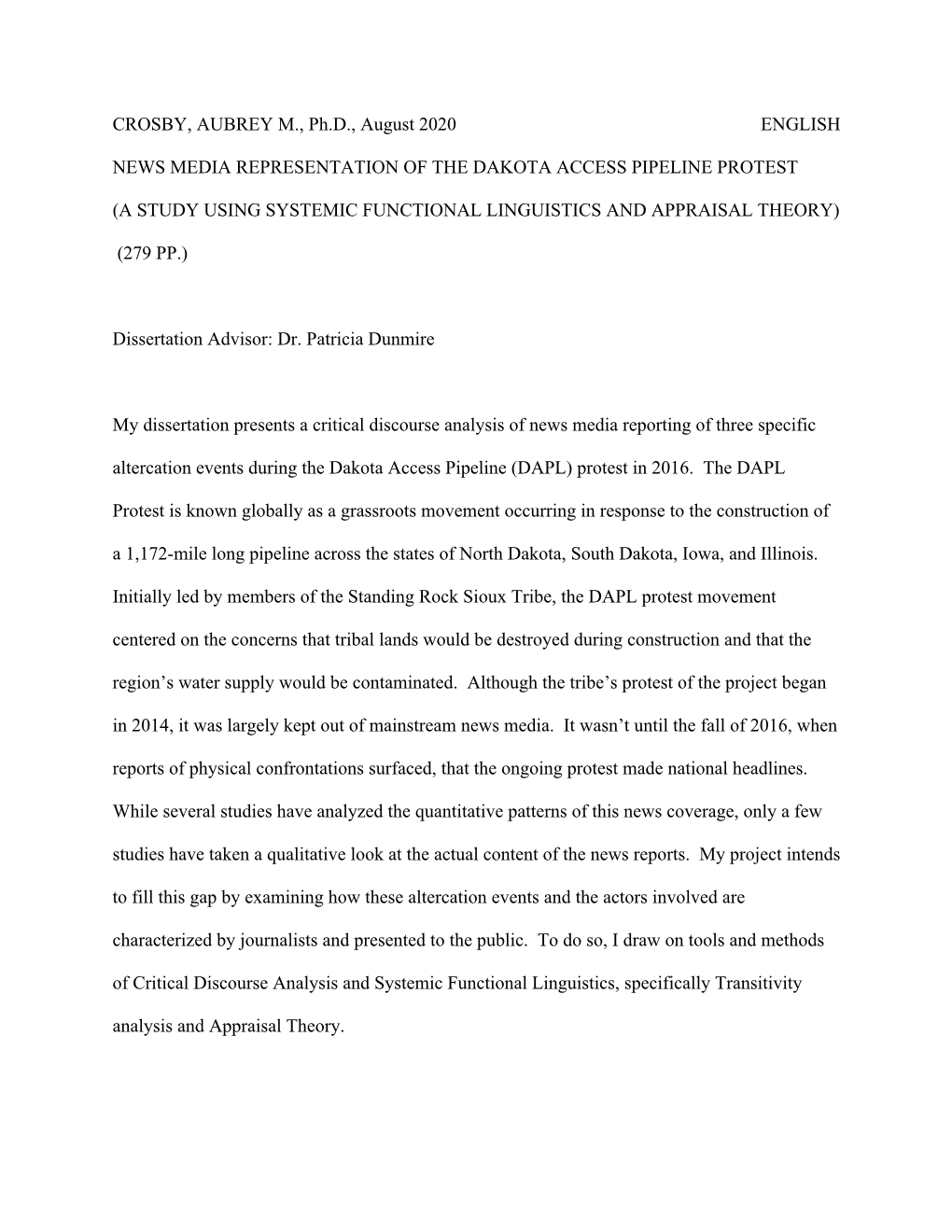 CROSBY, AUBREY M., Ph.D., August 2020 ENGLISH NEWS MEDIA REPRESENTATION of the DAKOTA ACCESS PIPELINE PROTEST