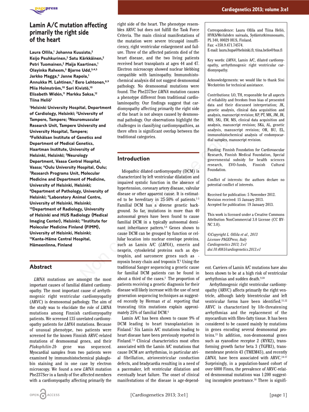 Lamin A/C Mutation Affecting Primarily the Right Side of the Heart