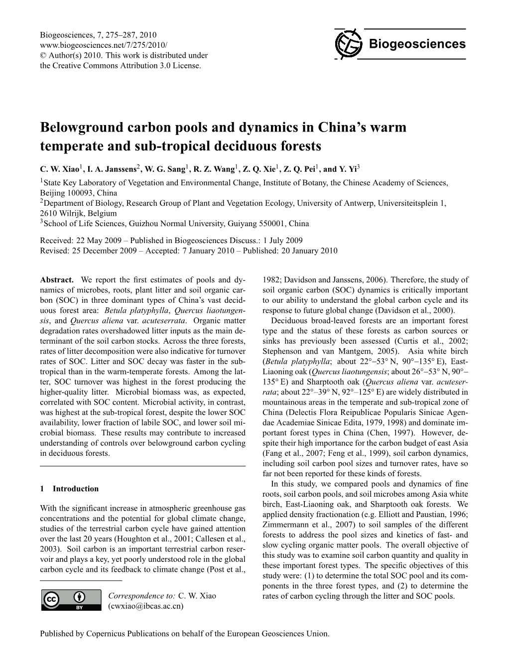 Belowground Carbon Pools and Dynamics in China's Warm