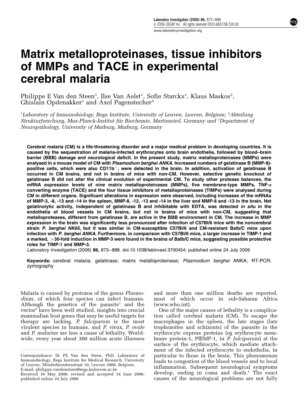 Matrix Metalloproteinases, Tissue Inhibitors of Mmps and TACE in Experimental Cerebral Malaria