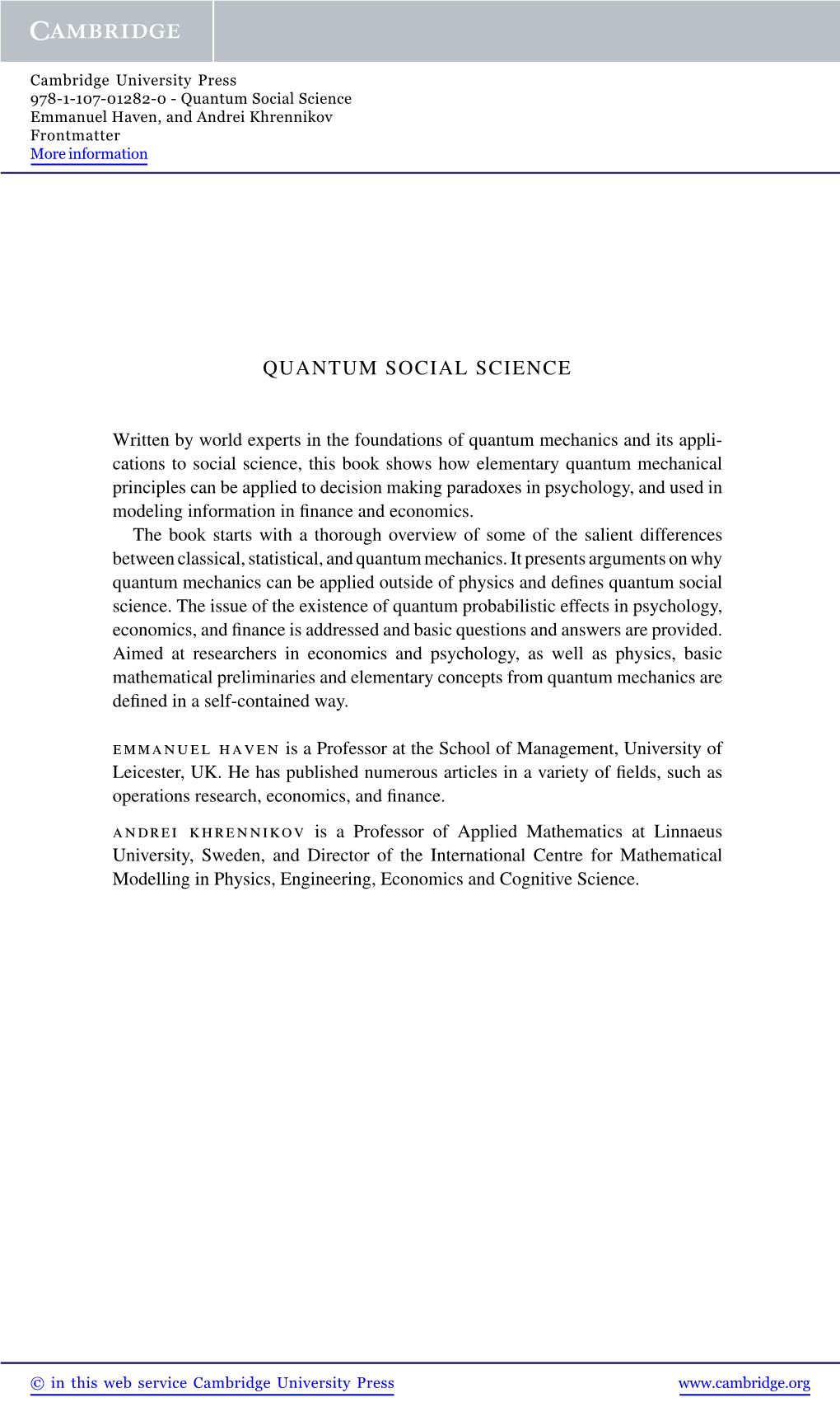 Quantum Social Science Emmanuel Haven, and Andrei Khrennikov Frontmatter More Information