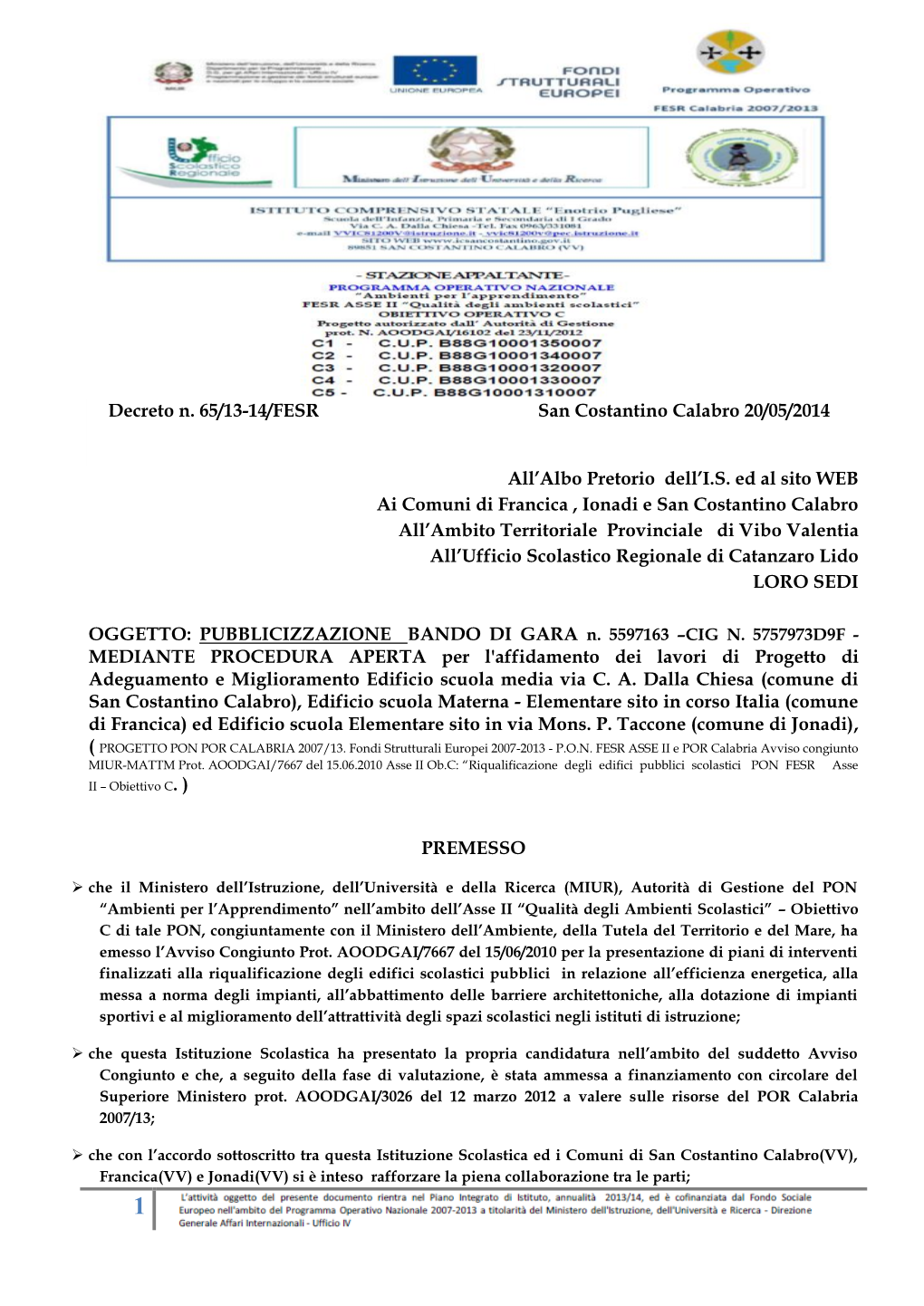 Decreto N. 65/13-14/FESR San Costantino Calabro 20/05/2014 All