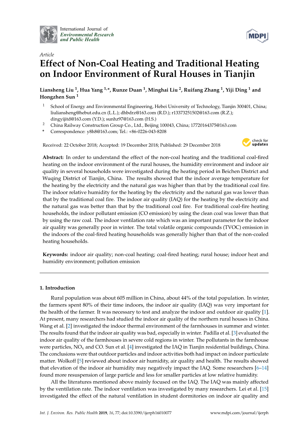 Effect of Non-Coal Heating and Traditional Heating on Indoor Environment of Rural Houses in Tianjin