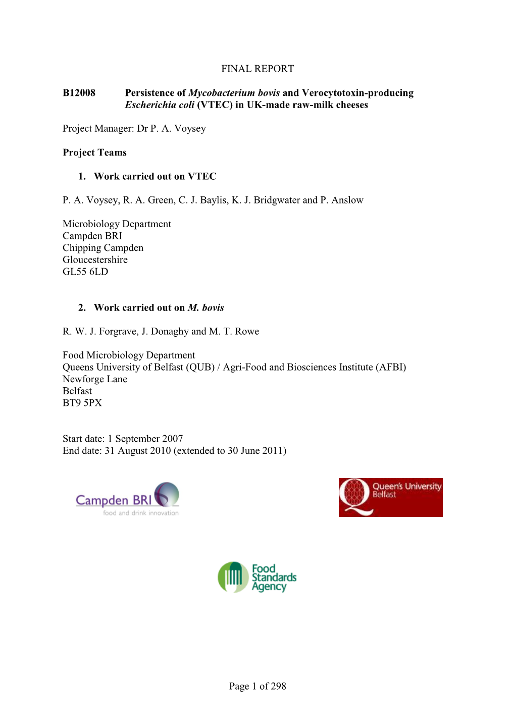 Of 298 FINAL REPORT B12008 Persistence of Mycobacterium Bovis