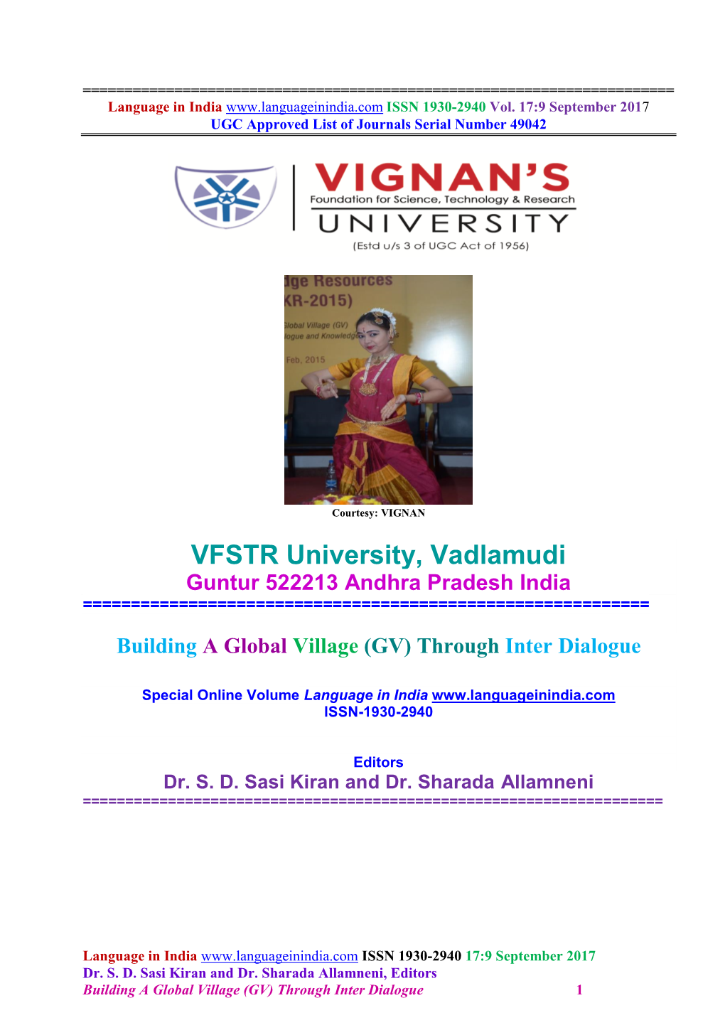 VFSTR University, Vadlamudi Guntur 522213 Andhra Pradesh India ======