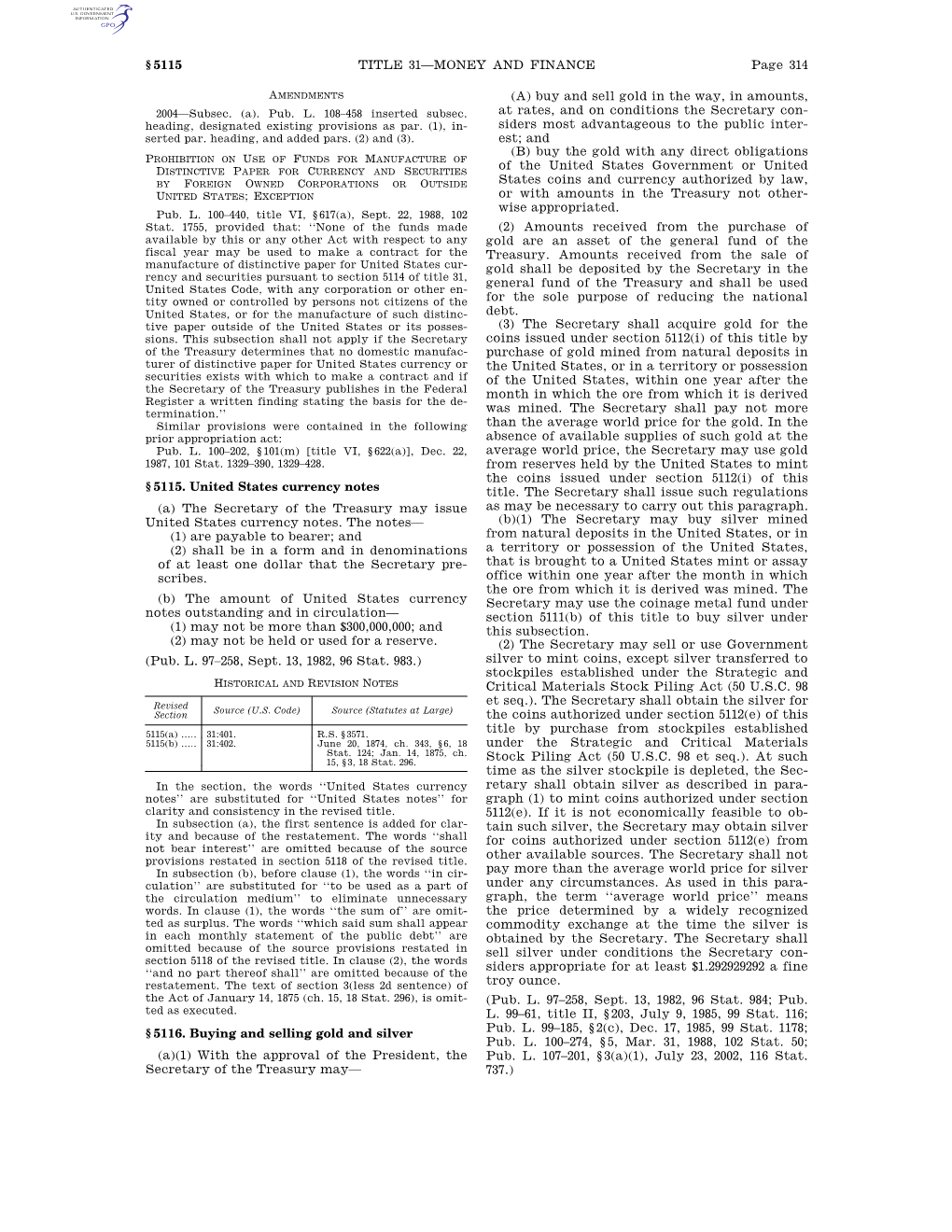 Page 314 TITLE 31—MONEY and FINANCE § 5115