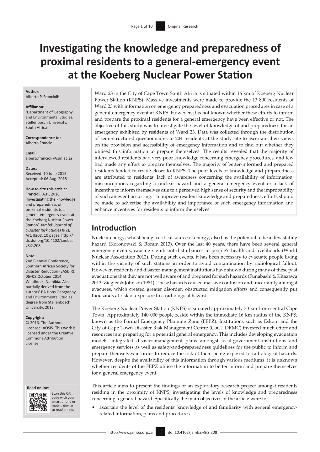 Investigating the Knowledge and Preparedness of Proximal Residents to a General-Emergency Event at the Koeberg Nuclear Power Station