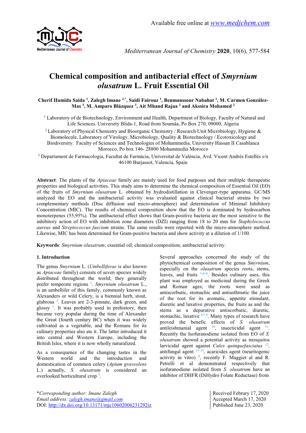 Chemical Composition and Antibacterial Effect of Smyrnium Olusatrum L