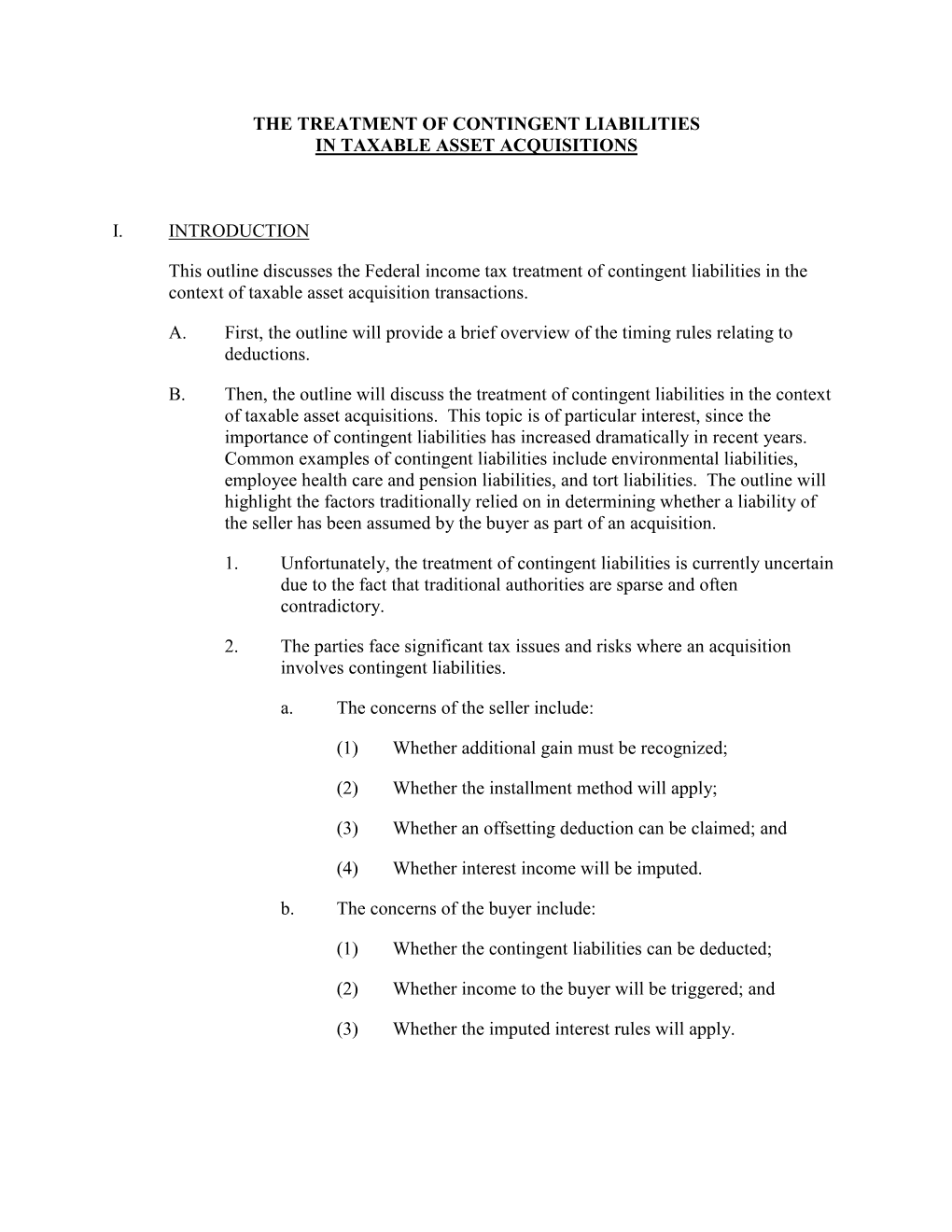 The Treatment of Contingent Liabilities in Taxable Asset Acquisitions