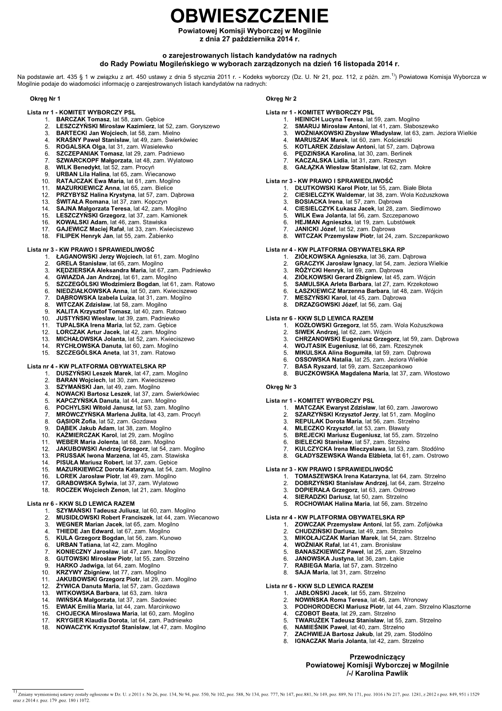 OBWIESZCZENIE Powiatowej Komisji Wyborczej W Mogilnie Z Dnia 27 Października 2014 R