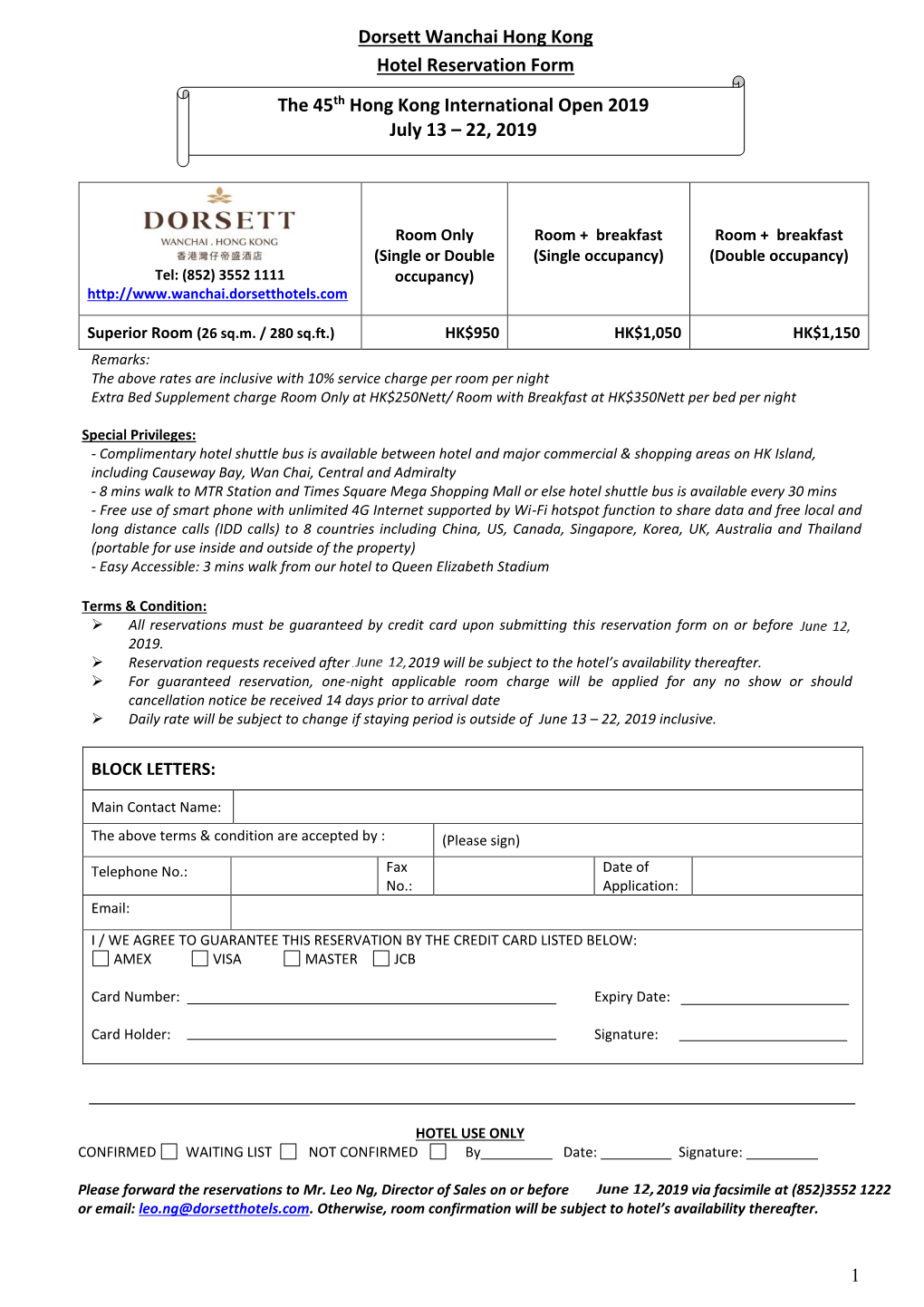 Dorsett Wanchai Hong Kong Hotel Reservation Form