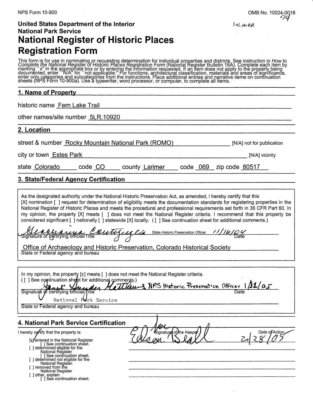 National Register of Historic Places Registration Form This Form Is for Use in Nominating Or Requesting Determination for Individual Properties and Districts