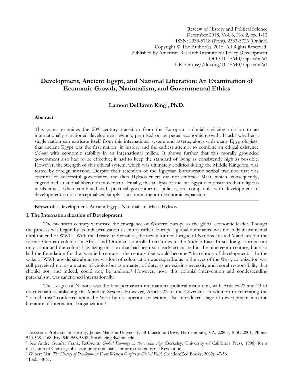 Development, Ancient Egypt, and National Liberation: an Examination of Economic Growth, Nationalism, and Governmental Ethics