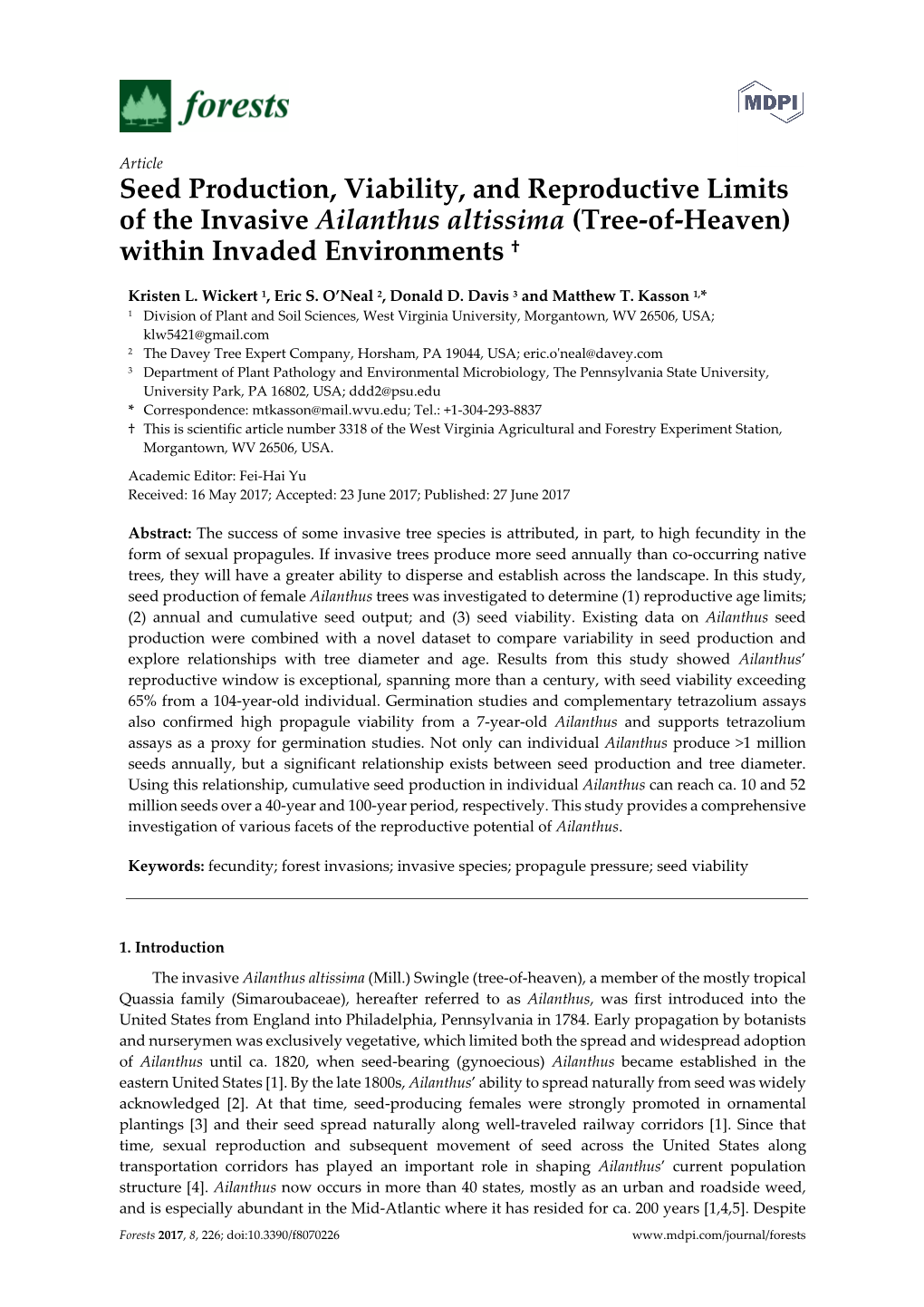 Seed Production, Viability, and Reproductive Limits of the Invasive Ailanthus Altissima (Tree-Of-Heaven) Within Invaded Environments †