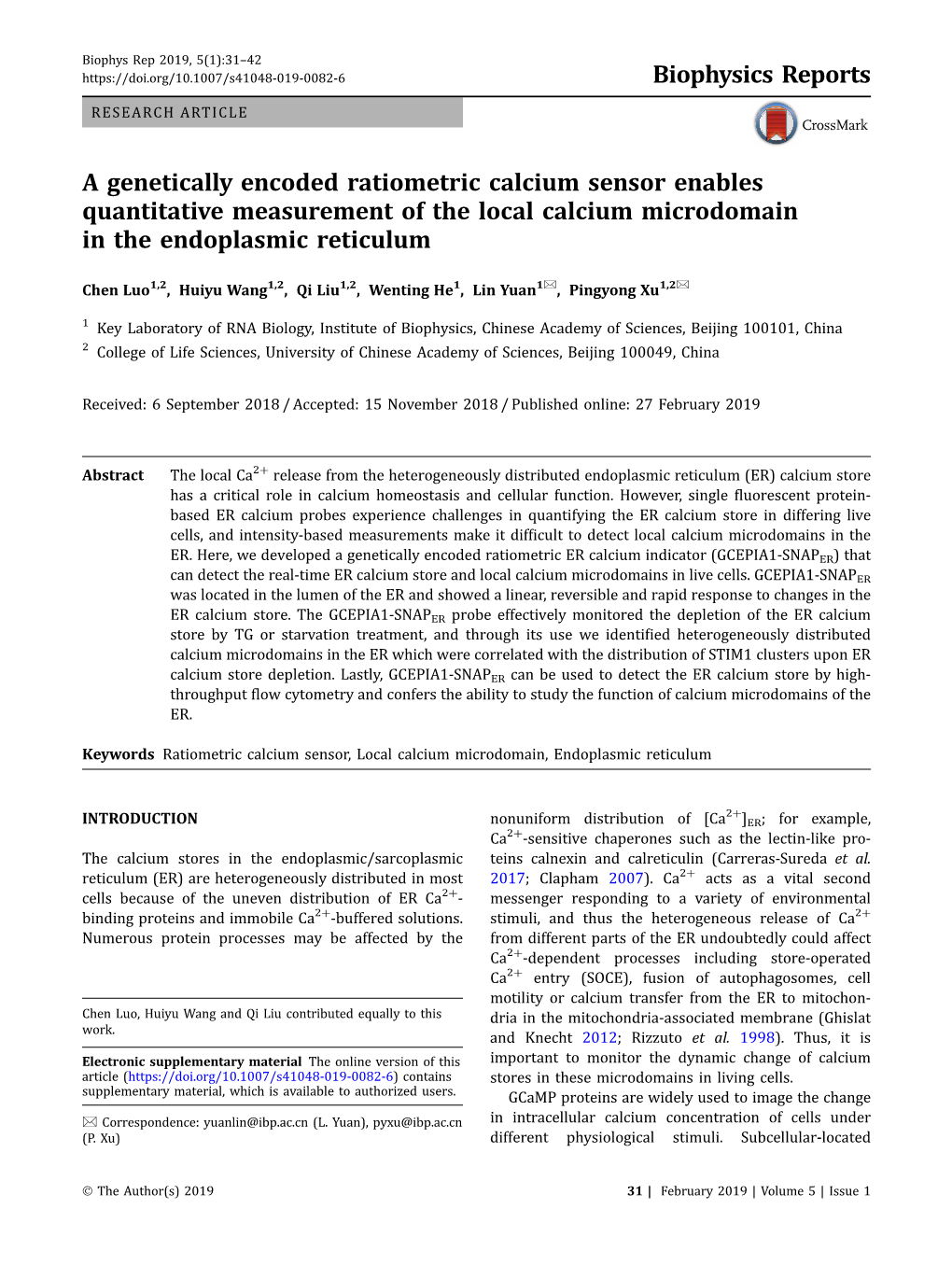 A Genetically Encoded Ratiometric Calcium Sensor Enables Quantitative Measurement of the Local Calcium Microdomain in the Endoplasmic Reticulum