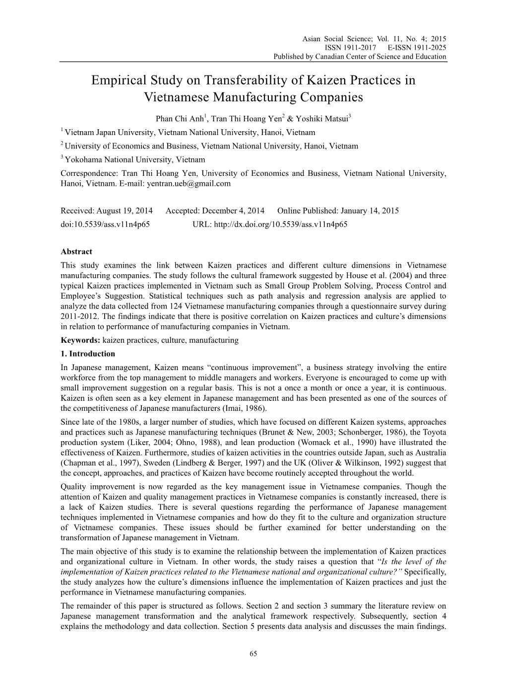 Empirical Study on Transferability of Kaizen Practices in Vietnamese Manufacturing Companies