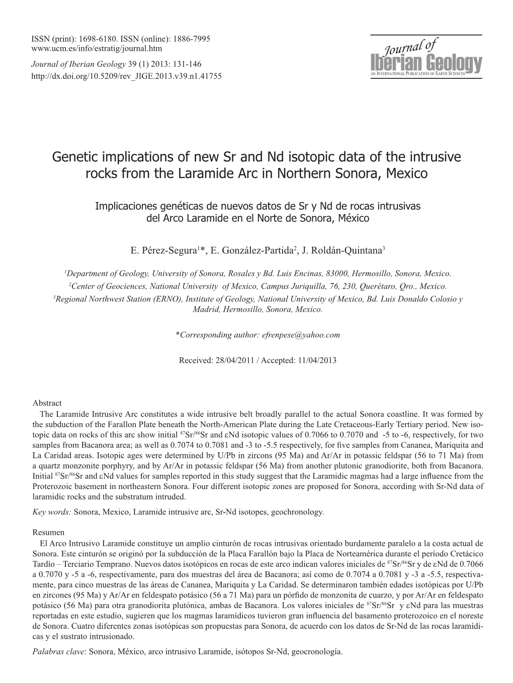 Genetic Implications of New Sr and Nd Isotopic Data of the Intrusive Rocks from the Laramide Arc in Northern Sonora, Mexico