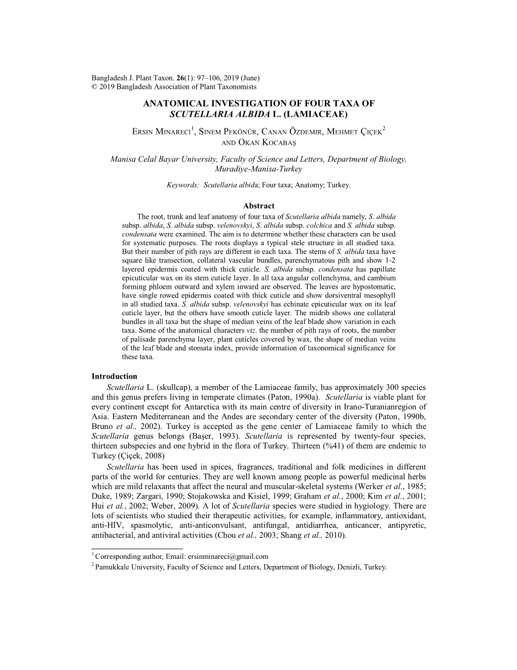 Anatomical Investigation of Four Taxa of Scutellaria Albida L. (Lamiaceae)