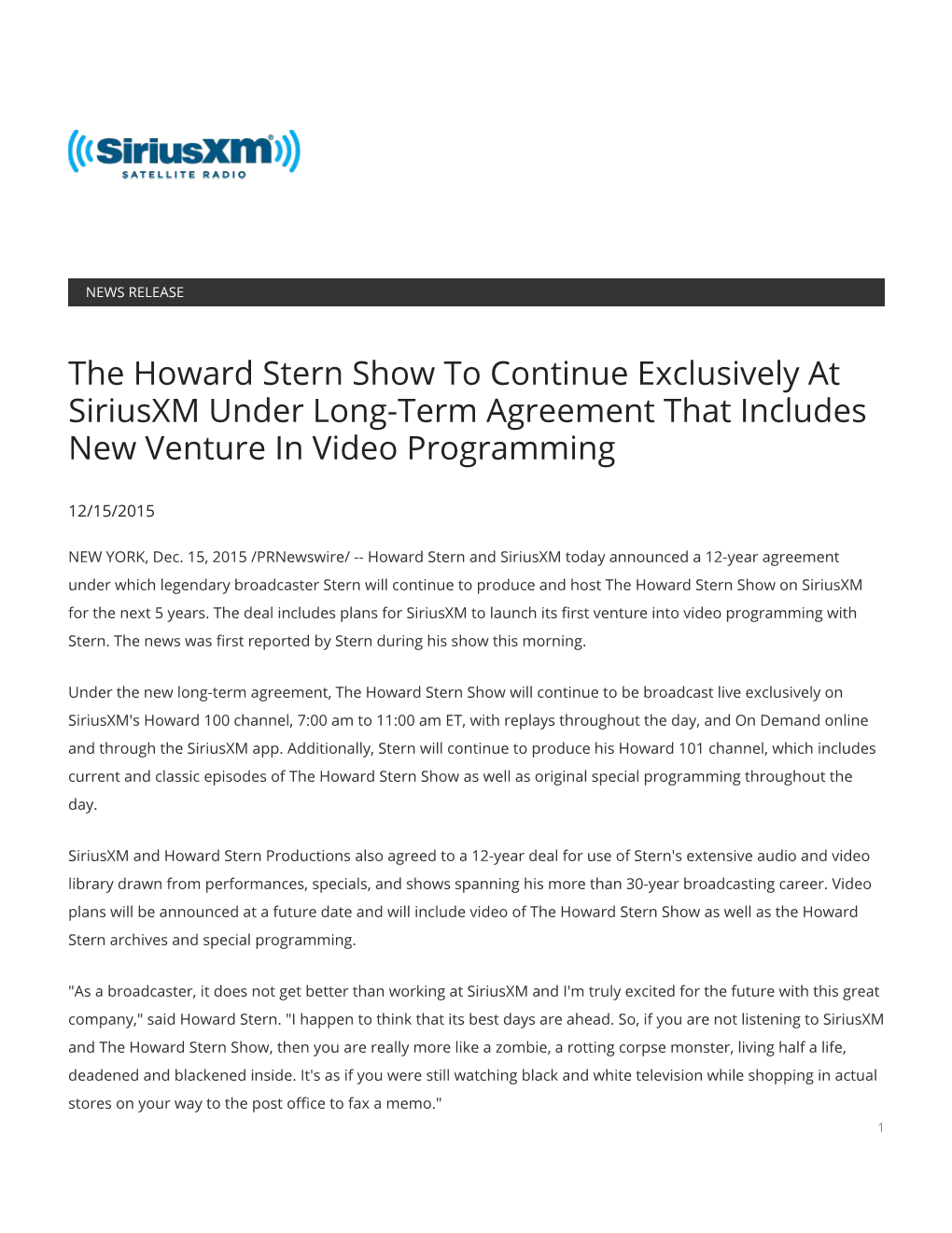 The Howard Stern Show to Continue Exclusively at Siriusxm Under Long-Term Agreement That Includes New Venture in Video Programming