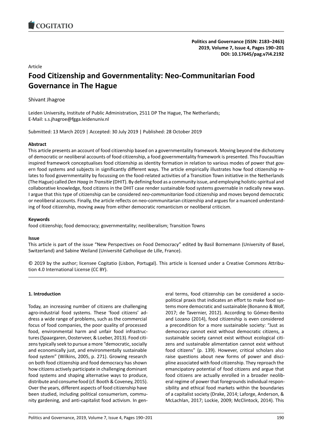 Food Citizenship and Governmentality: Neo-Communitarian Food Governance in the Hague