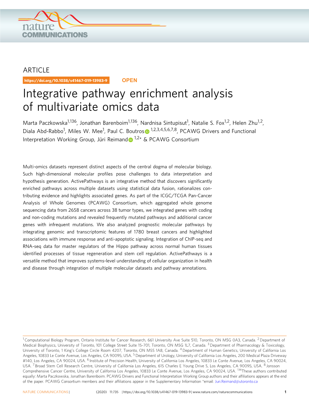 Integrative Pathway Enrichment Analysis of Multivariate Omics Data