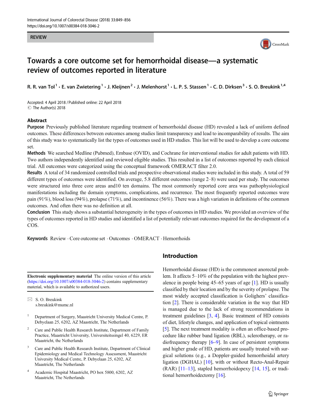 Towards a Core Outcome Set for Hemorrhoidal Disease—A Systematic Review of Outcomes Reported in Literature