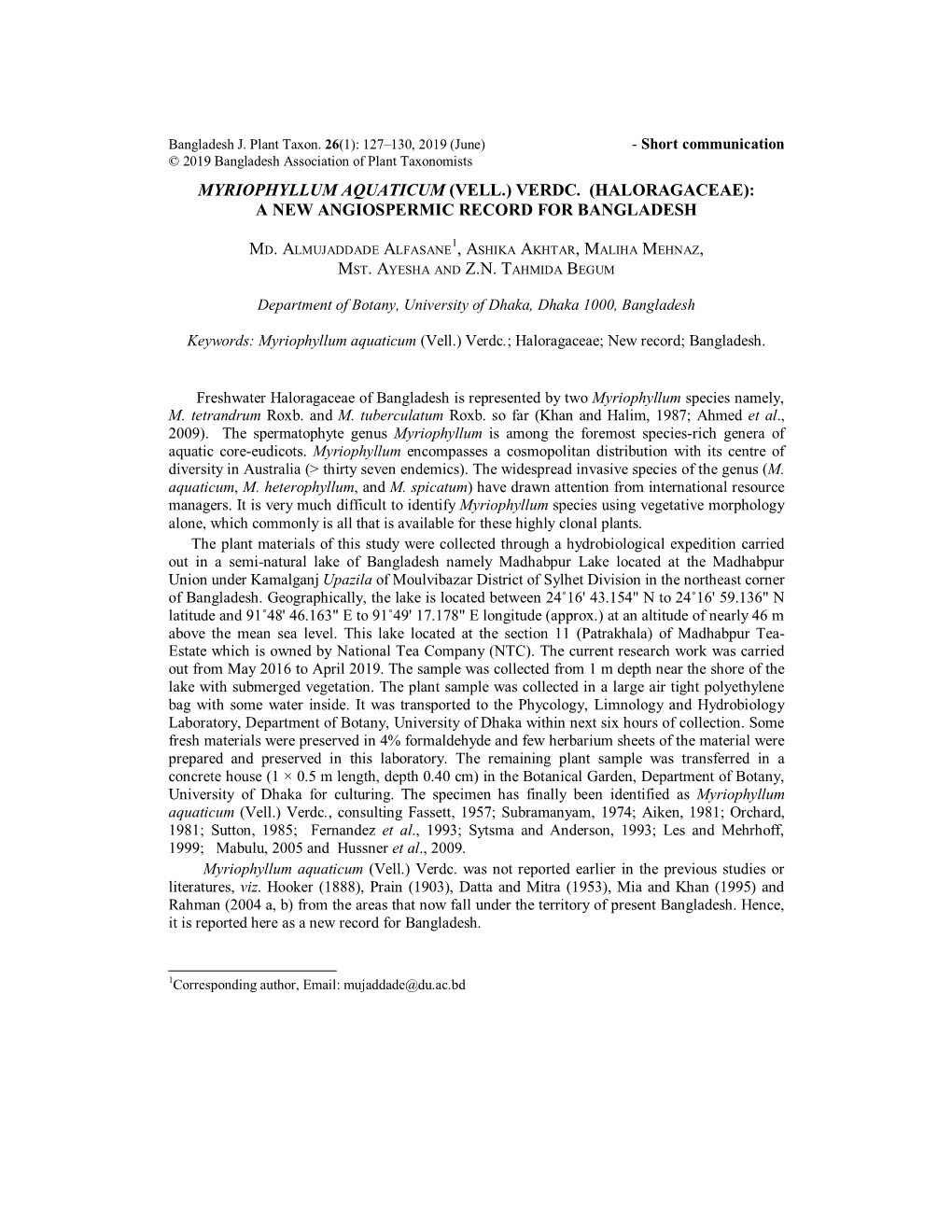 Myriophyllum Aquaticum (Vell.) Verdc. (Haloragaceae): a New Angiospermic Record for Bangladesh