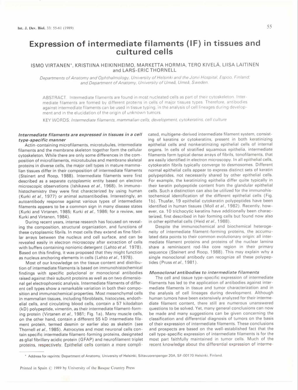 Expression of Intermediate Filaments (IF) in Tissues and Cultured Cells