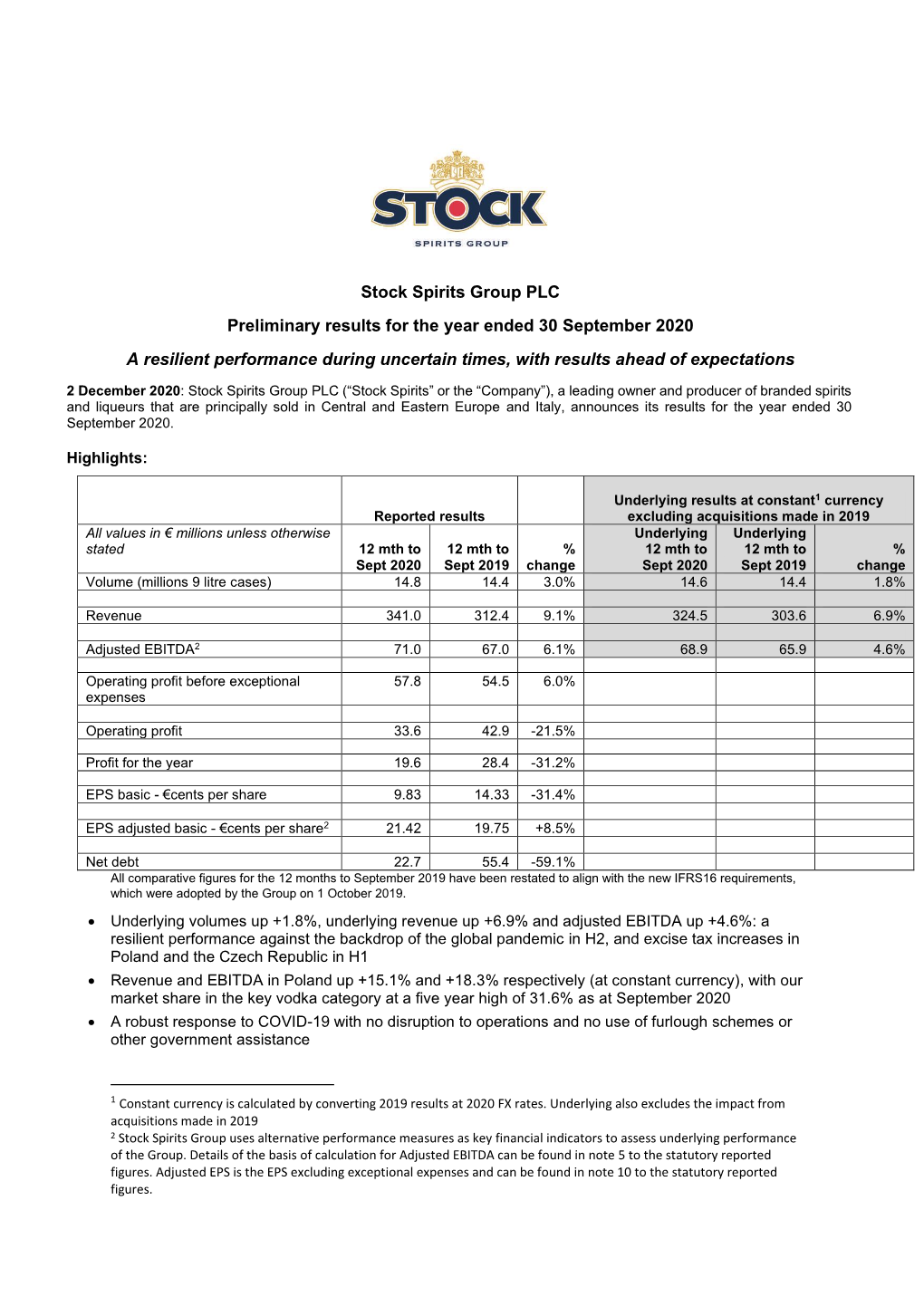 Stock Spirits Group PLC Preliminary Results for the Year Ended 30 September 2020 a Resilient Performance During Uncertain Times, with Results Ahead of Expectations