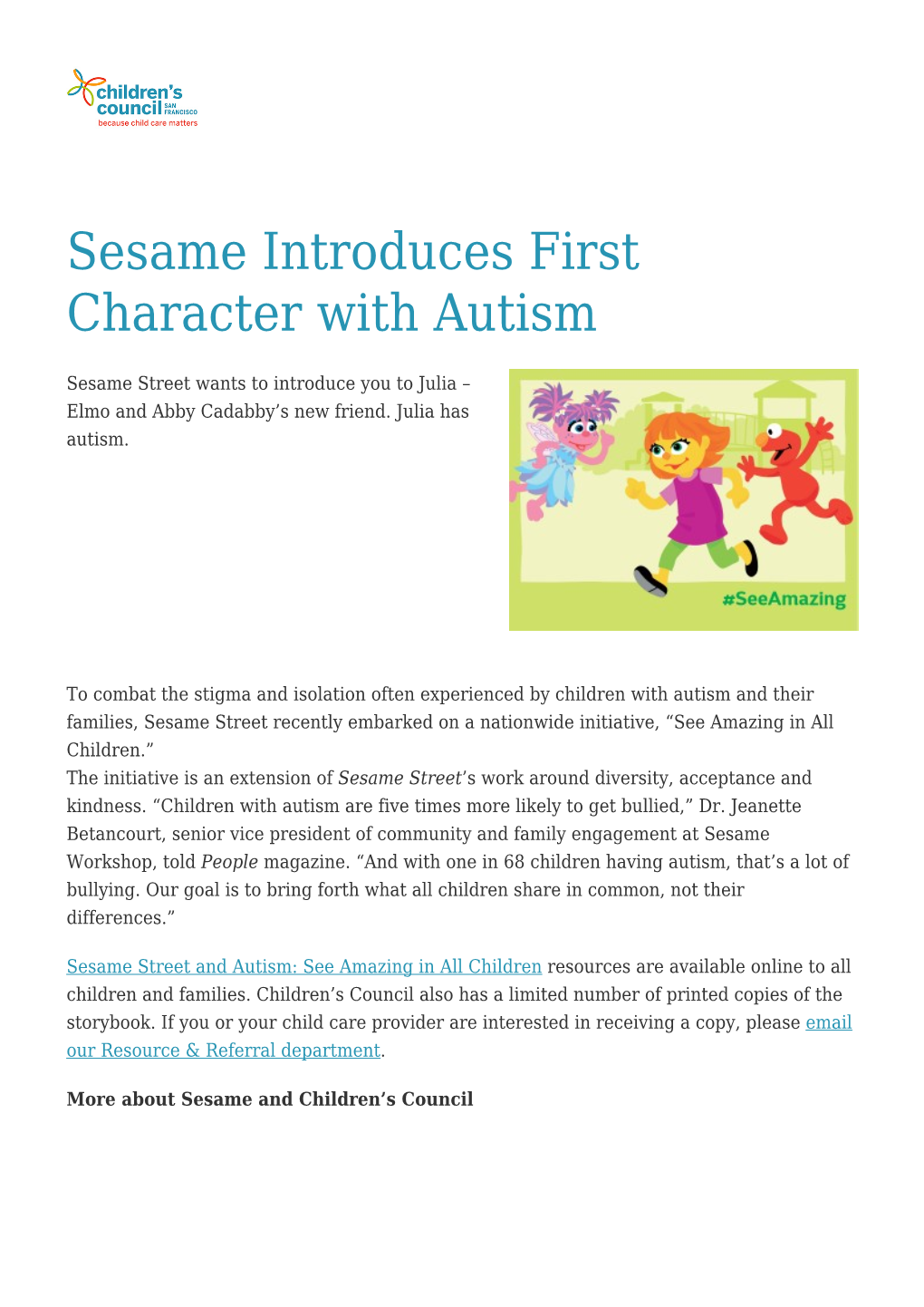 Sesame Introduces First Character with Autism