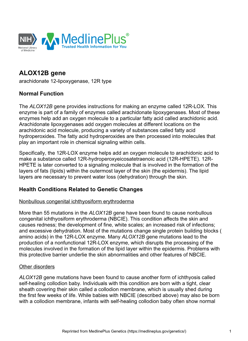 ALOX12B Gene Arachidonate 12-Lipoxygenase, 12R Type