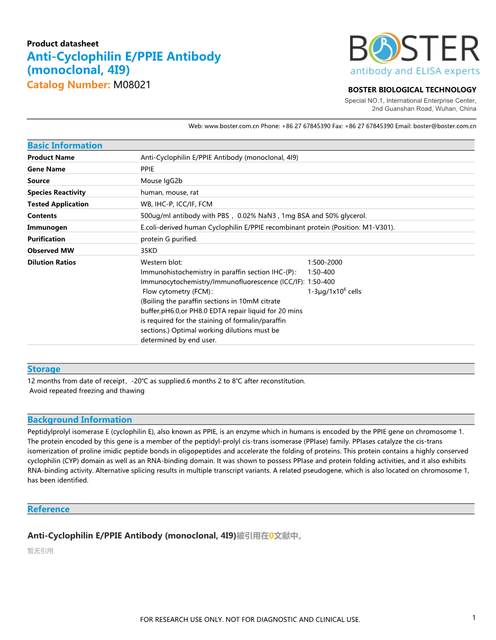 Datasheet M08021 Anti-Cyclophilin E/PPIE Antibody (Monoclonal, 4I9)
