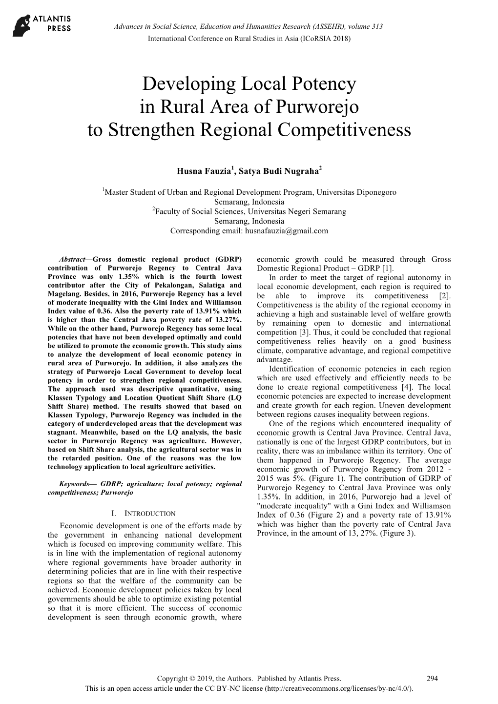 Developing Local Potency in Rural Area of Purworejo to Strengthen Regional Competitiveness