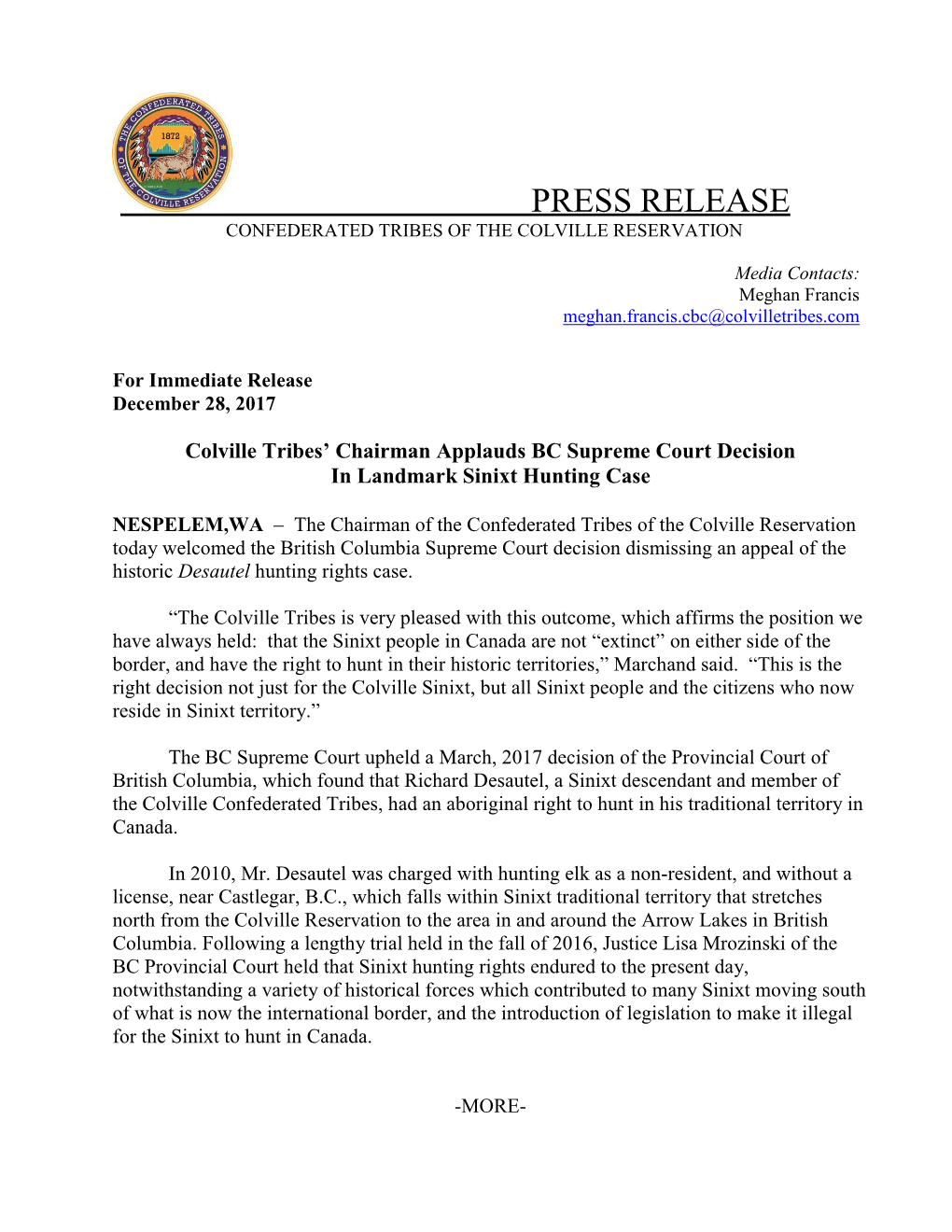 Press Release Confederated Tribes of the Colville Reservation