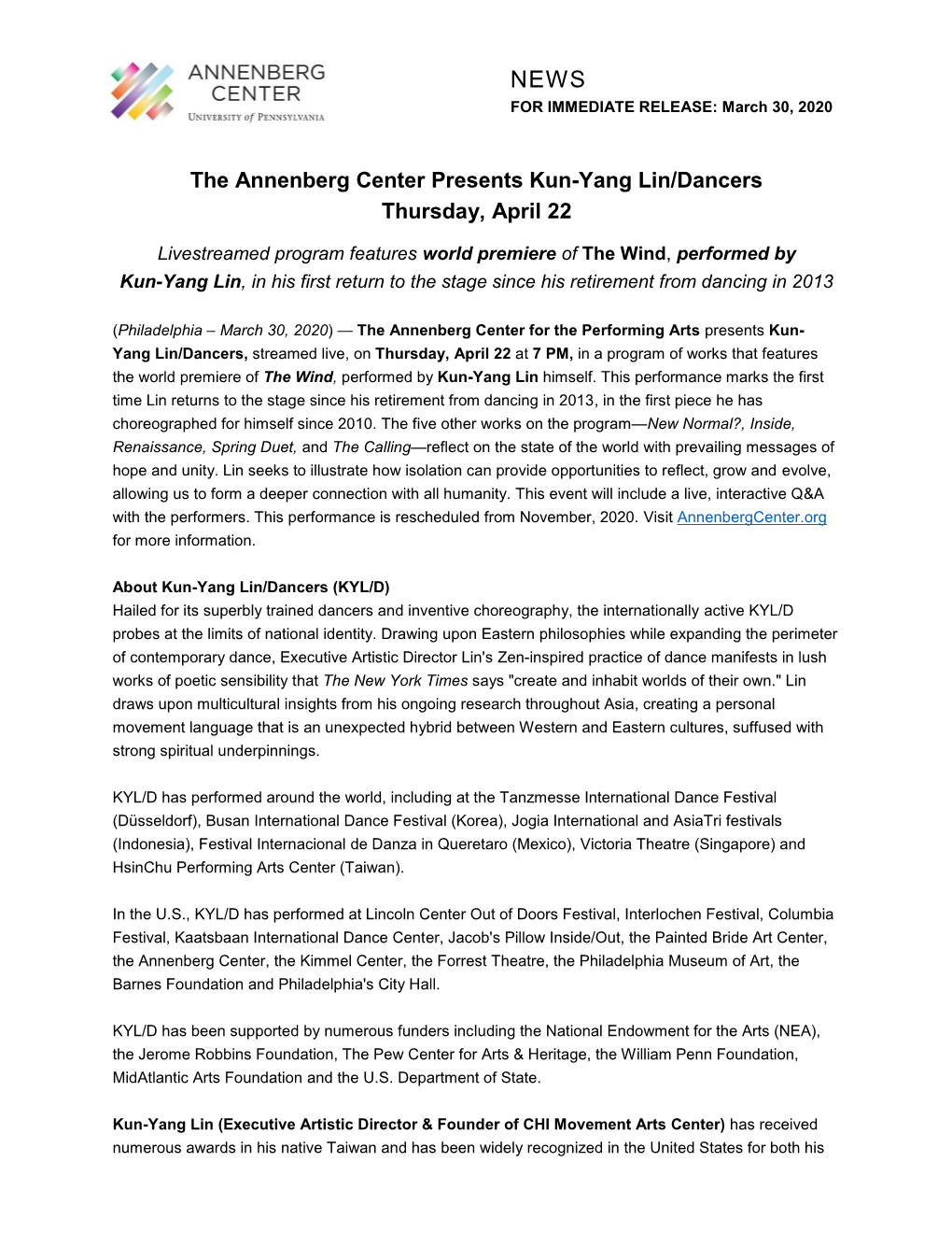 The Annenberg Center Presents Kun-Yang Lin/Dancers Thursday, April 22